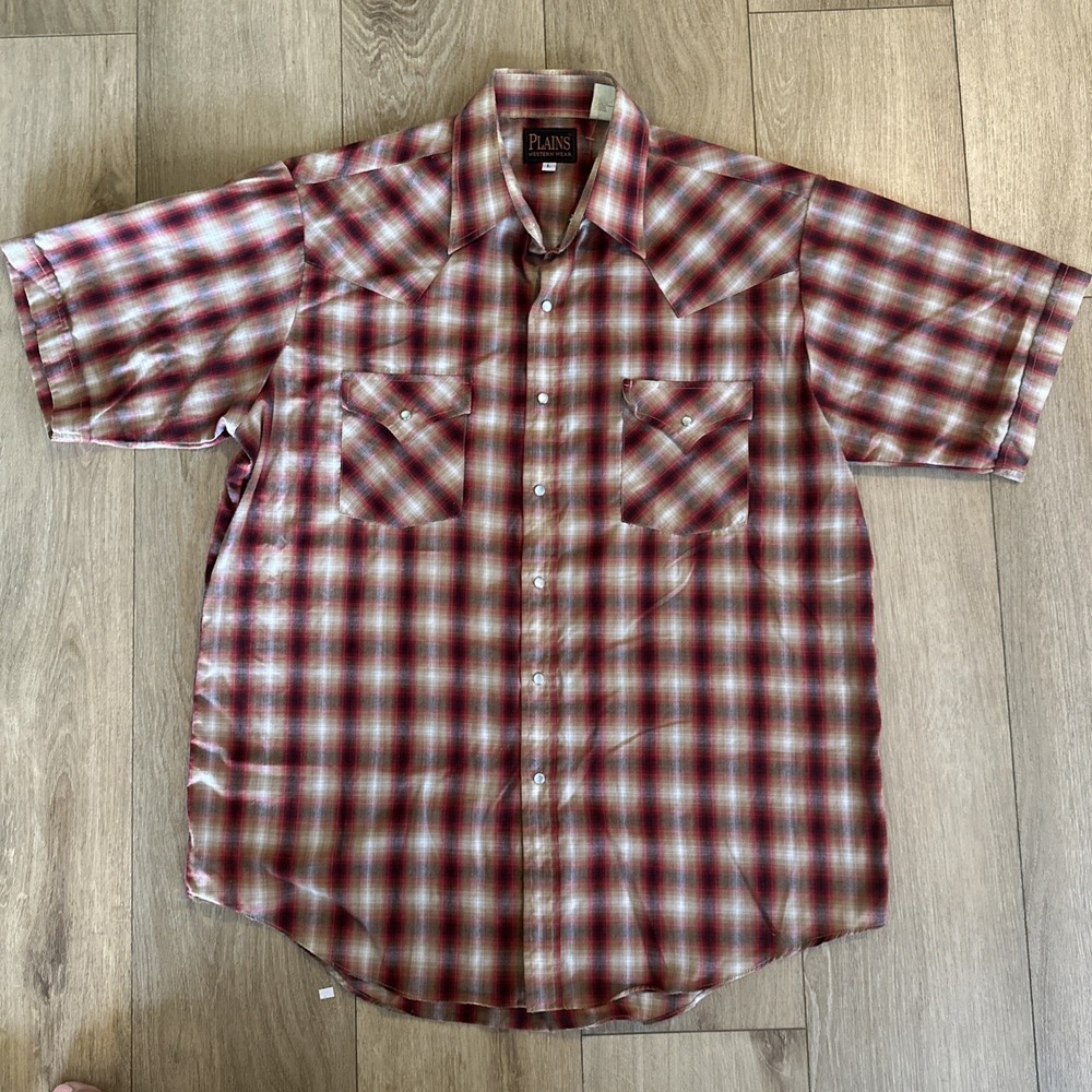 PLAINS Westernwear Western Plaid Pearl Snap Short Sleeve Shirt, Red,‎ L Cowboy